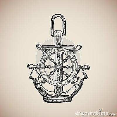 Vintage Marine Anchor with Steering Wheel engrave. Vector Vector Illustration