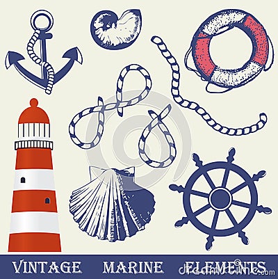 Vintage marine elements set. Vector Illustration