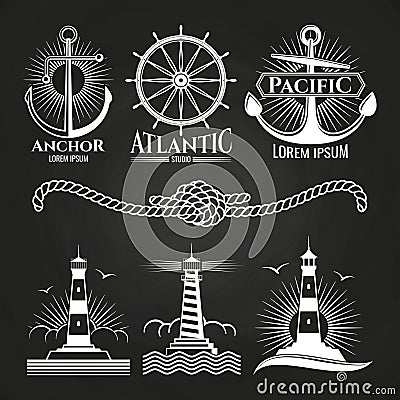 Vintage marine nautical logos and emblems with lighthouses anchors rope Vector Illustration