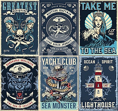 Vintage marine posters set Vector Illustration