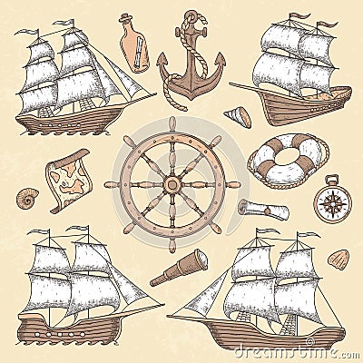 Vintage marine ships. Old cartouche frame, ship anchor and sea wheel with ancient compass. Ocean sailboat retro vector Vector Illustration