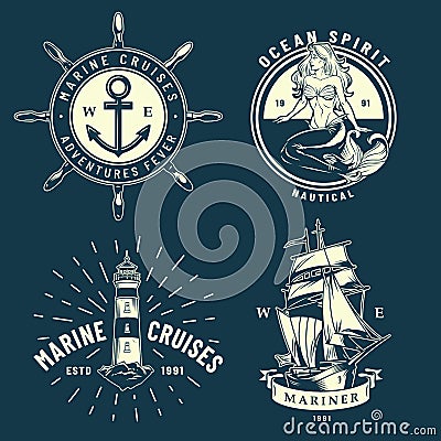 Vintage maritime and sea emblems set Vector Illustration