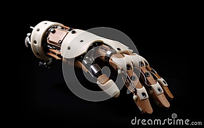 Vintage mechanical prosthetic hand made out of wood, metal and plastic and isolated on a black background. Generative AI Stock Photo