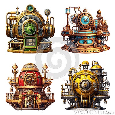 Vintage mechanical steampunk generators. Retro technology machines isolated on white, vintage mechanism set, archaic Vector Illustration