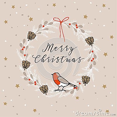 Vintage Merry Christmas , Happy New Year greeting card, invitation. Wreath made of evergreen branches, berries, finch bird. Vector Illustration