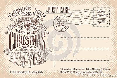 Vintage merry Christmas and New Year holiday postcard Vector Illustration