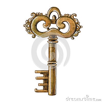 Vintage metal key watercolor element. Close up realistic retro golden safe single object. Old door bronze element on Cartoon Illustration