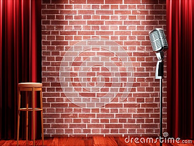 Vintage metal microphone against red curtain on empty theatre stage. 3d render Cartoon Illustration