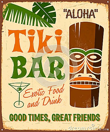 Vintage Rusty Aloha Tiki Bar Metal Sign. Vector Illustration