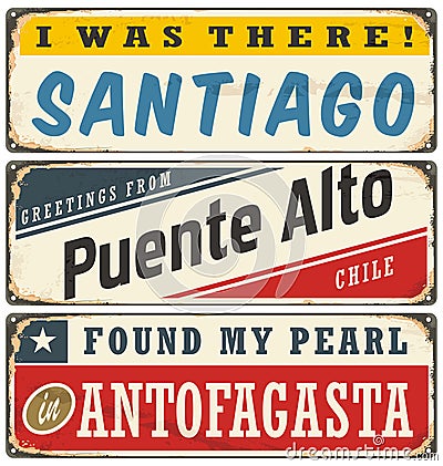 Vintage metal signs collection with Chile cities Vector Illustration