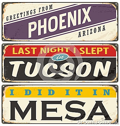 Vintage metal signs collection with USA cities Vector Illustration