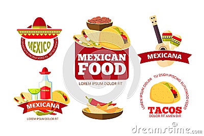 Vintage mexican restaurant graphics, tacos, burrito, salsa and nachos vector badges, labels, logos and emblems. Vector Illustration