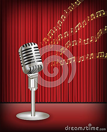 Vintage microphone with floating sample random music note not match any song Vector Illustration