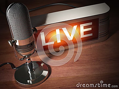 Vintage microphone with signboard live. Broadcasting radio station concept. Cartoon Illustration
