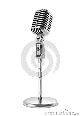 Vintage microphone on stand isolated on white Stock Photo