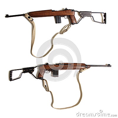 Vintage Military Rifle Isolated on White Background Left and Right Side View M1 Carbine Stock Photo