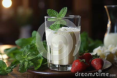 Vintage milk glass with strawberry milkshake, fresh strawberries, mint leaves, aged book Stock Photo