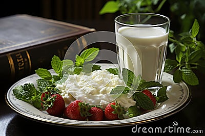 Vintage milk glass with strawberry milkshake, straw, fresh strawberries and aged book prop Stock Photo