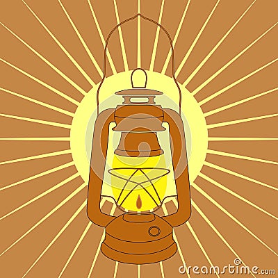 Vintage mine kerosene lamp over yellow sunrise rays Vector Illustration