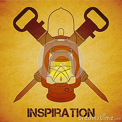 Vintage mine kerosene lantern with jackhammers Vector Illustration