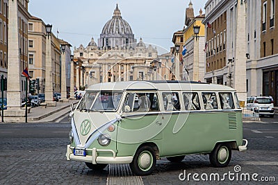 Vintage mint green and cream Volkswagen camper van for weddings Rome Italy. Editorial Stock Photo