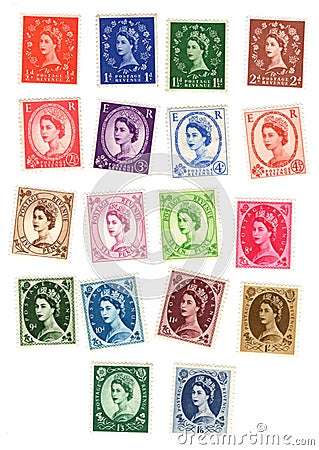 Vintage mint Queen Elizabeth II postage stamps from the UK. Editorial Stock Photo