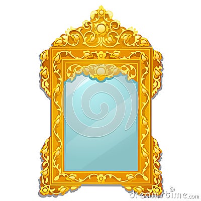 Vintage mirror with golden ornate florid frame isolated on white background. Vector cartoon close-up illustration. Vector Illustration