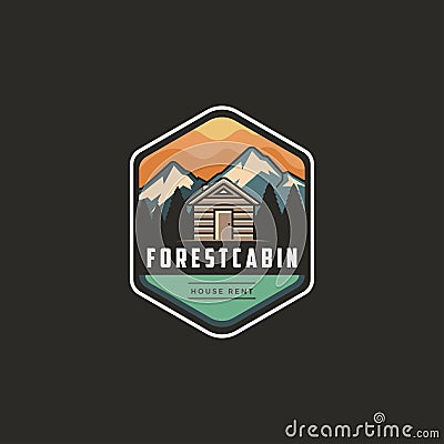 Vintage modern outdoor emblem logo with Mountain view and cabin house in forest Vector Illustration