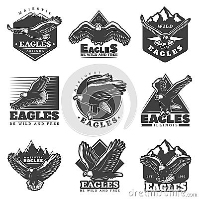 Vintage Monochrome American Eagles Labels Set Vector Illustration