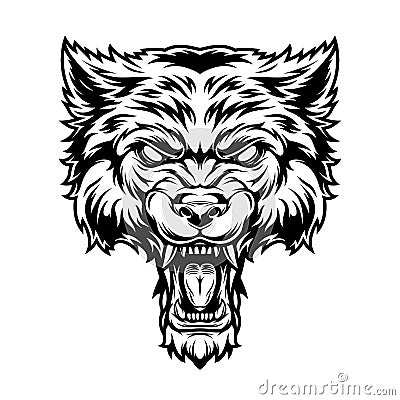 Vintage monochrome angry scary wolf head Vector Illustration