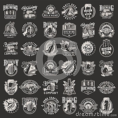 Vintage monochrome brewery prints set Vector Illustration