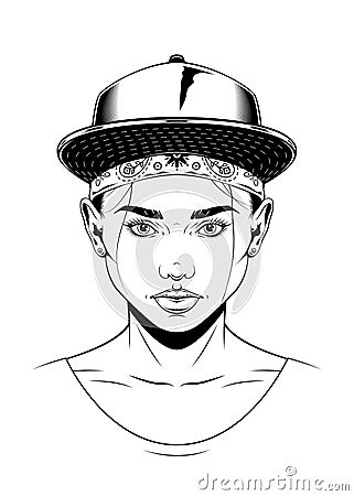 Vintage monochrome drawing of a woman face with baseball cap and bandana. Isolated vector template Vector Illustration