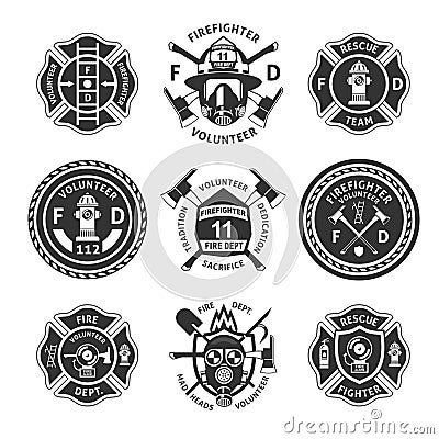 Vintage Monochrome Firefighting Labels Set Vector Illustration