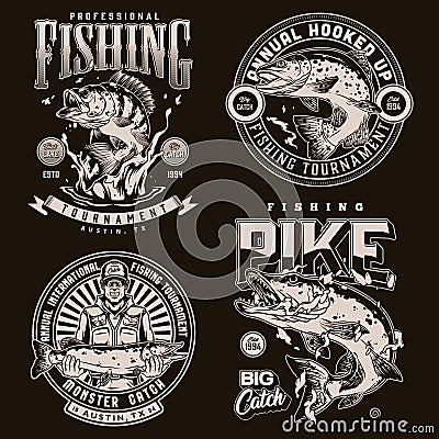 Vintage monochrome fishing emblems Vector Illustration