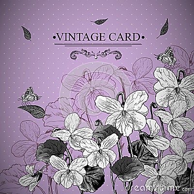 Vintage Monochrome Floral Card with Violets Vector Illustration