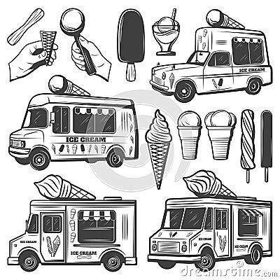 Vintage Monochrome Ice Creams Collection Vector Illustration