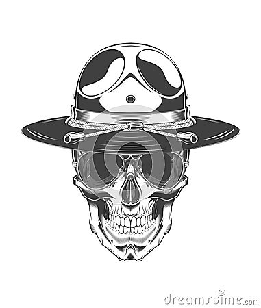 Vintage monochrome illustration of skull with police headdress and sunglasses. Isolated vector template Vector Illustration