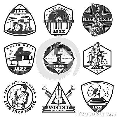 Vintage Monochrome Jazz Music Labels Set Vector Illustration