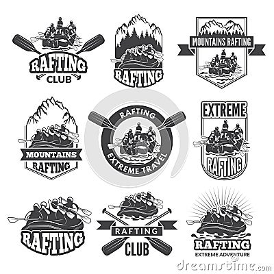 Vintage monochrome labels for dangerous water sports. Symbols of rafting. Pictures of kayak Vector Illustration