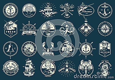 Vintage monochrome maritime emblems set Vector Illustration