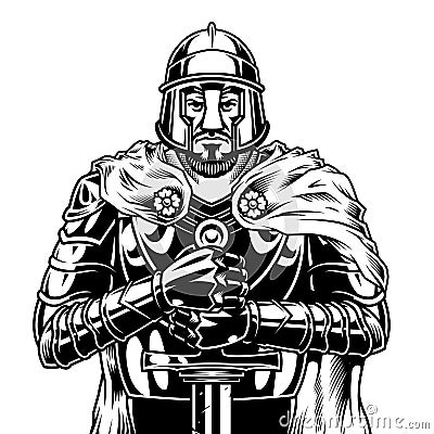 Vintage monochrome medieval warrior Vector Illustration