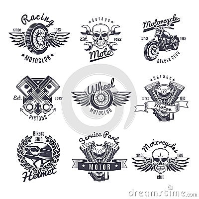 Vintage Monochrome Motorcycle Labels Set Vector Illustration