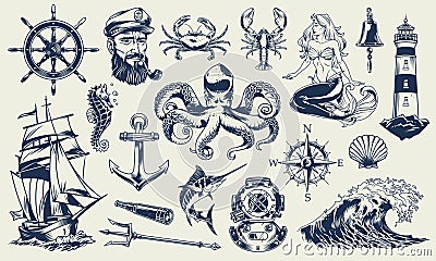 Vintage monochrome nautical elements set Vector Illustration