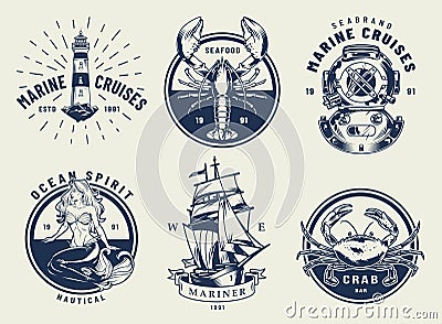 Vintage monochrome nautical emblems set Vector Illustration