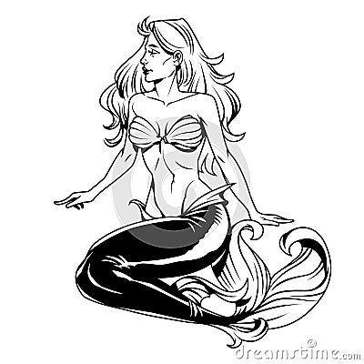 Vintage monochrome pretty mermaid Vector Illustration