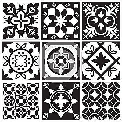 Vintage monochrome repeating tiles. Moroccan mediterranean tiled floor vector patterns Vector Illustration