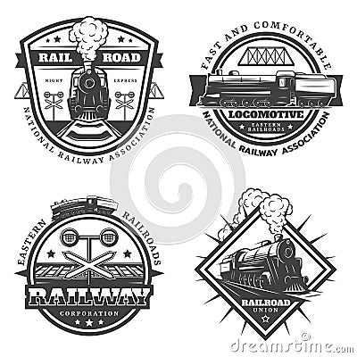 Vintage Monochrome Retro Train Emblems Set Vector Illustration