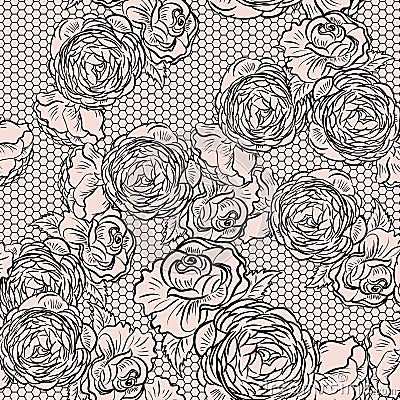 Vintage monochrome roses pattern with lace Vector Illustration