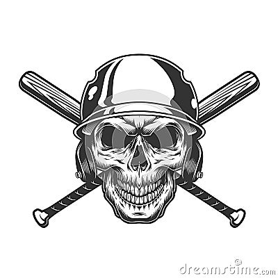 Vintage monochrome skull in baseball helmet Vector Illustration