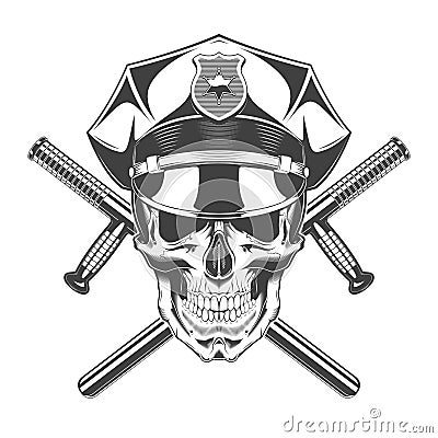 Vintage monochrome skull with police headdress and crossed batons illustration. Isolated vector template Vector Illustration